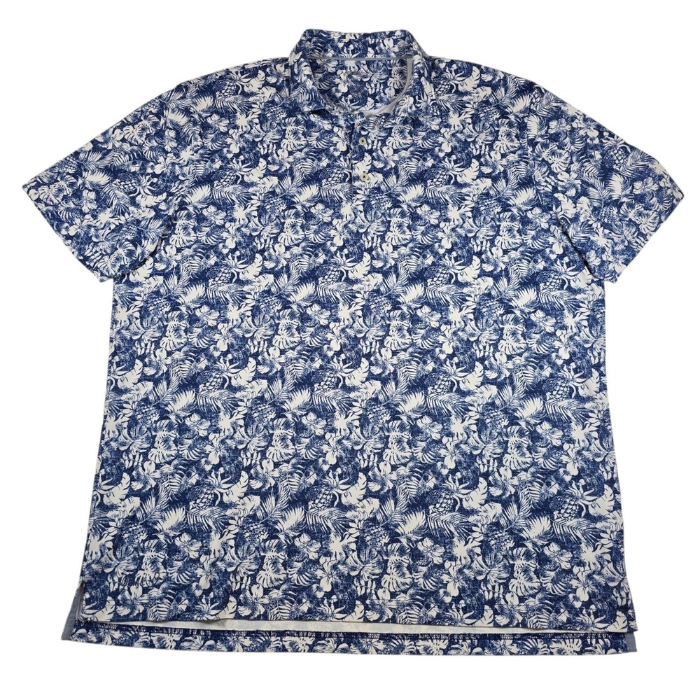 Johnnie-O Manu Navy/White Tropical Floral Performance Golf Polo Shirt Mens Sz XL